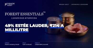 Forest Essentials brand audit by FashionAudit: Forest Essentials logo over ayurvedic luxury cream jars with rose petals and saffron in a brass bowl