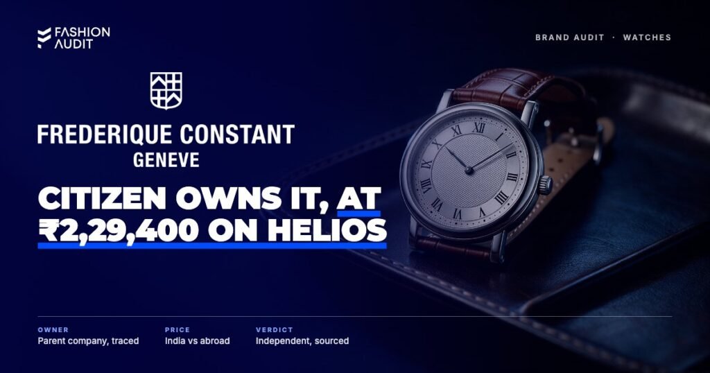 Frederique Constant brand audit by FashionAudit: Frederique Constant logo over a Swiss dress watch with a silver dial