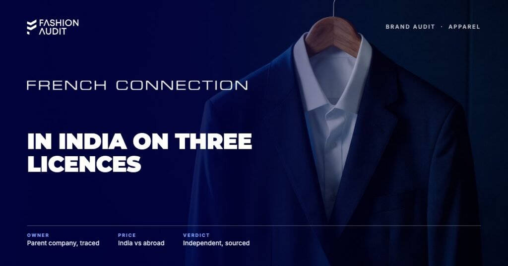 French Connection brand audit by FashionAudit: French Connection logo over a tailored blazer and white shirt