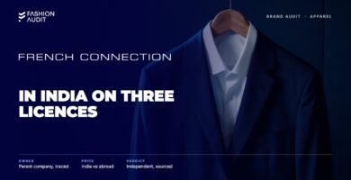 French Connection brand audit by FashionAudit: French Connection logo over a tailored blazer and white shirt