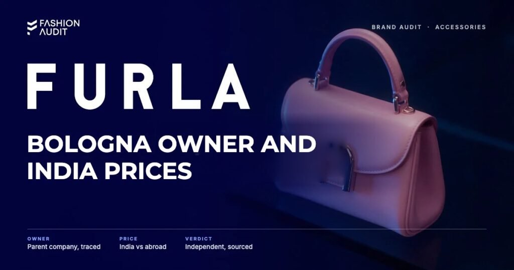 Furla brand audit by FashionAudit: Furla logo and the headline “Bologna Owner and India Prices” over a candy-coloured small leather top-handle bag in soft pastel pink
