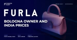 Furla brand audit by FashionAudit: Furla logo and the headline “Bologna Owner and India Prices” over a candy-coloured small leather top-handle bag in soft pastel pink