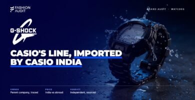 G-Shock brand audit by FashionAudit: G-Shock logo over a rugged black digital sports watch with water splashes