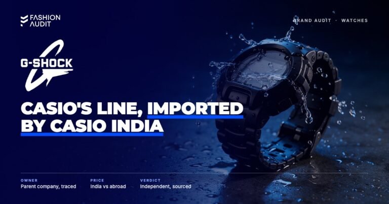 G-Shock brand audit by FashionAudit: G-Shock logo over a rugged black digital sports watch with water splashes