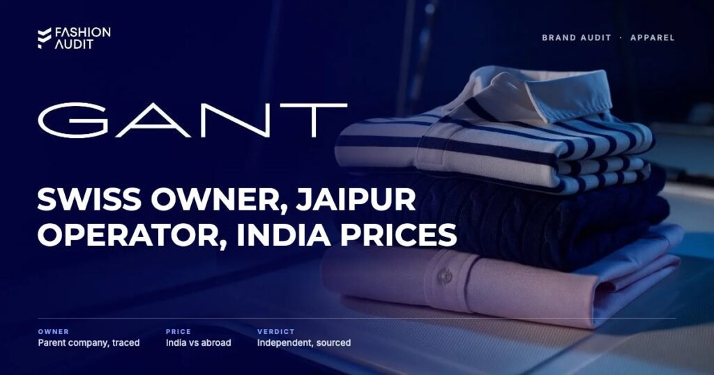 GANT brand audit by FashionAudit: GANT logo and the headline “Swiss Owner, Jaipur Operator, India Prices” over a folded pastel oxford shirt and a cable-knit cotton sweater