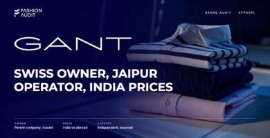 GANT brand audit by FashionAudit: GANT logo and the headline “Swiss Owner, Jaipur Operator, India Prices” over a folded pastel oxford shirt and a cable-knit cotton sweater
