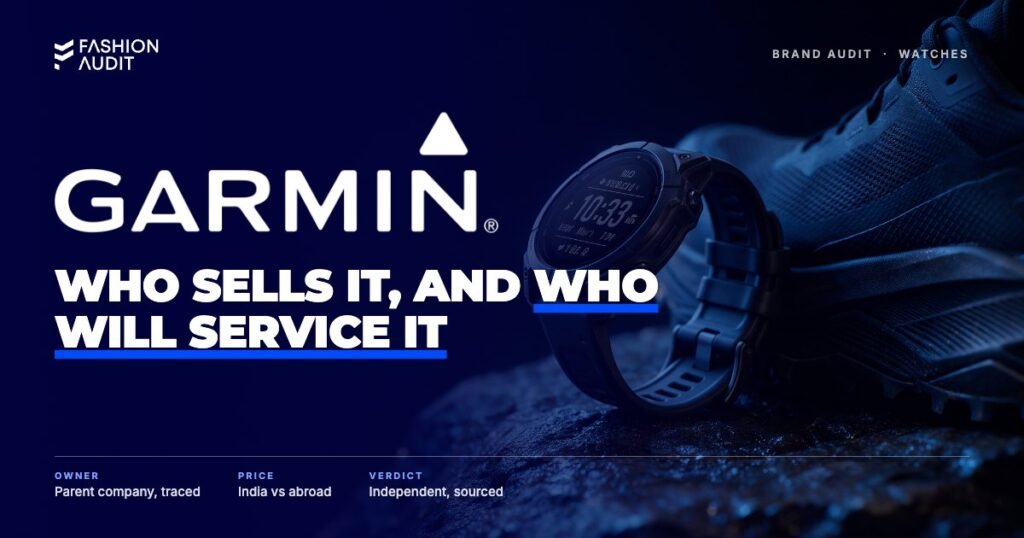 Garmin brand audit by FashionAudit: Garmin logo over a rugged GPS sports watch on wet rock