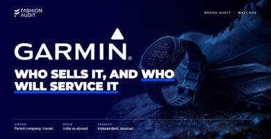 Garmin brand audit by FashionAudit: Garmin logo over a rugged GPS sports watch on wet rock