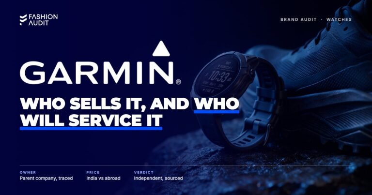 Garmin brand audit by FashionAudit: Garmin logo over a rugged GPS sports watch on wet rock