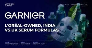 Garnier brand audit by FashionAudit: Garnier logo and the headline “L'Oréal-Owned, India vs UK Serum Formulas” over green-tinted bottles of micellar water and a sheet mask