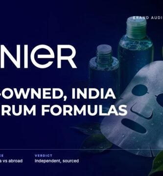 Garnier brand audit by FashionAudit: Garnier logo and the headline “L'Oréal-Owned, India vs UK Serum Formulas” over green-tinted bottles of micellar water and a sheet mask
