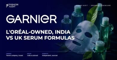 Garnier brand audit by FashionAudit: Garnier logo and the headline “L'Oréal-Owned, India vs UK Serum Formulas” over green-tinted bottles of micellar water and a sheet mask