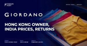 Giordano brand audit by FashionAudit: Giordano logo and the headline “Hong Kong Owner, India Prices, Returns” over neatly folded cotton polo shirts in several bright colours