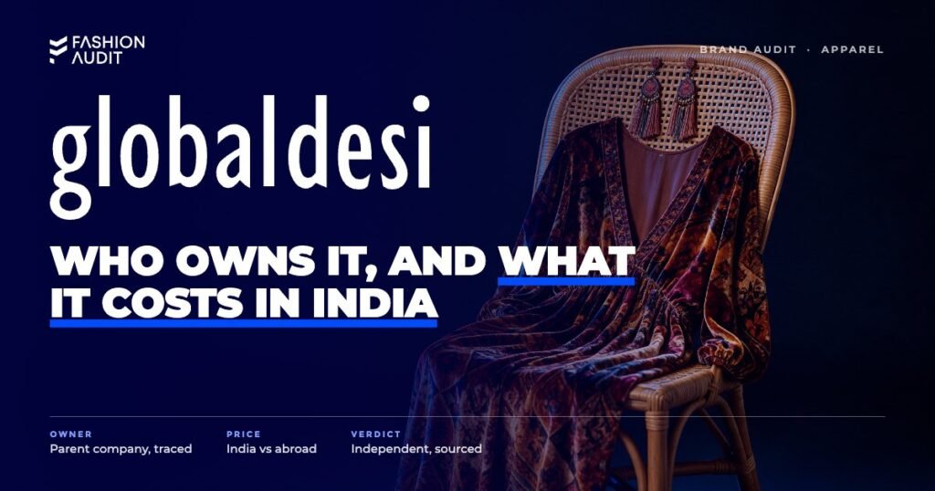 Global Desi brand audit by FashionAudit: Global Desi logo over a boho printed maxi dress and tassel earrings on a rattan chair