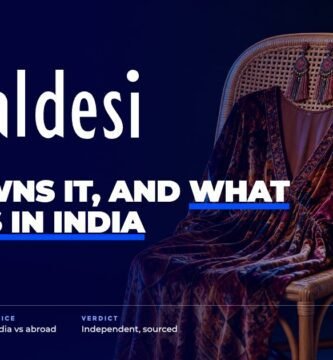 Global Desi brand audit by FashionAudit: Global Desi logo over a boho printed maxi dress and tassel earrings on a rattan chair