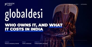 Global Desi brand audit by FashionAudit: Global Desi logo over a boho printed maxi dress and tassel earrings on a rattan chair