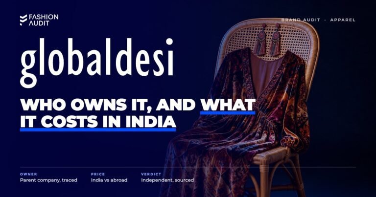 Global Desi brand audit by FashionAudit: Global Desi logo over a boho printed maxi dress and tassel earrings on a rattan chair