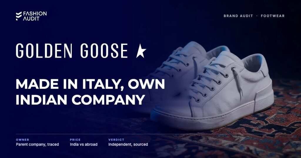 Golden Goose brand audit by FashionAudit: Golden Goose logo and the headline “Made in Italy, Own Indian Company” over a pair of deliberately distressed white leather low-top sneakers with scuffed soles