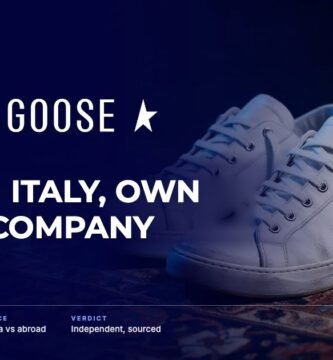 Golden Goose brand audit by FashionAudit: Golden Goose logo and the headline “Made in Italy, Own Indian Company” over a pair of deliberately distressed white leather low-top sneakers with scuffed soles