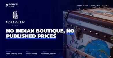 Goyard brand audit by FashionAudit: Goyard logo over a hand-painted canvas travel trunk with leather trim and brass corners