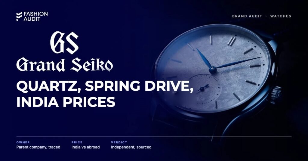 Grand Seiko brand audit by FashionAudit: Grand Seiko logo and the headline “Quartz, Spring Drive, India Prices” over a dress watch with an intricately textured silvery-white dial