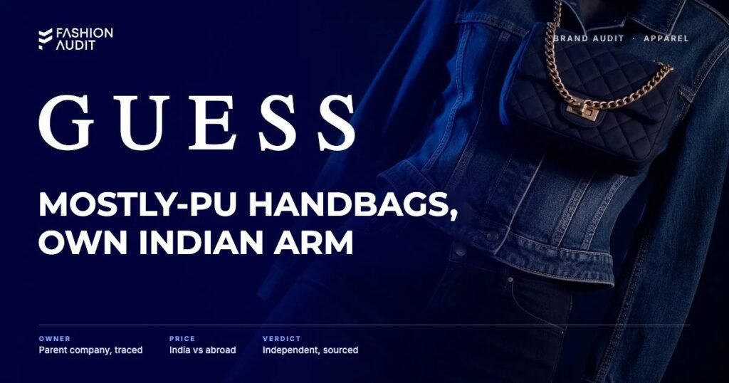 Guess brand audit by FashionAudit: Guess logo and the headline “Mostly-PU Handbags, Own Indian Arm” over a fitted denim jacket
