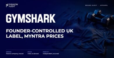 Gymshark brand audit by FashionAudit: Gymshark logo and the headline “Founder-Controlled UK Label, Myntra Prices” over seamless gym leggings