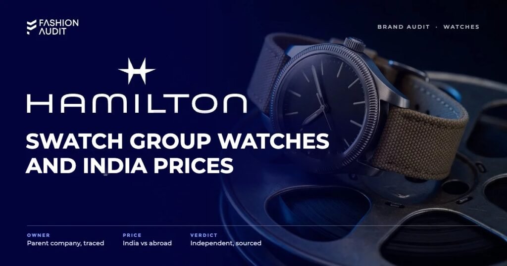 Hamilton brand audit by FashionAudit: Hamilton logo and the headline “Swatch Group Watches and India Prices” over a field watch with a khaki canvas strap on an old film reel