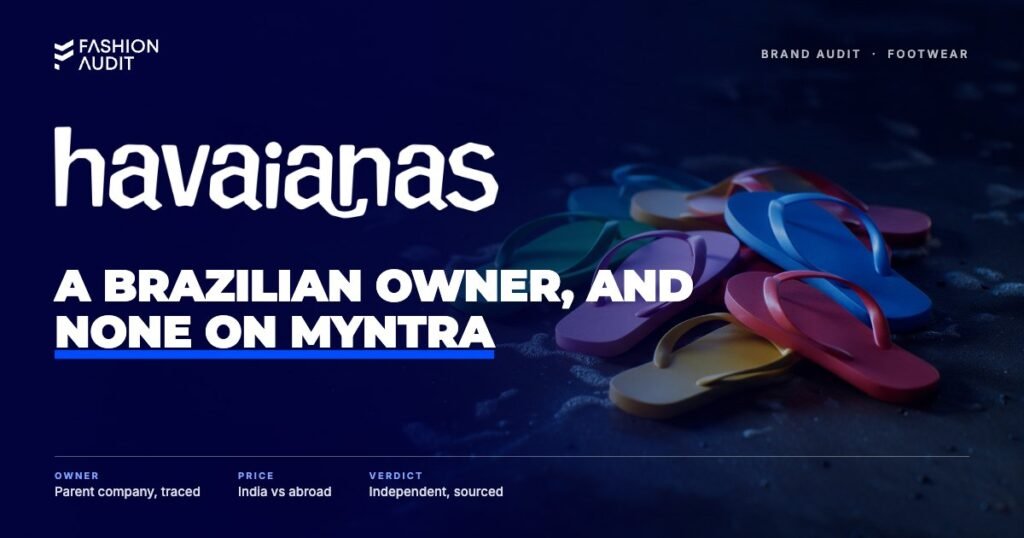 Havaianas brand audit by FashionAudit: Havaianas logo over colourful rubber flip-flops on wet sand