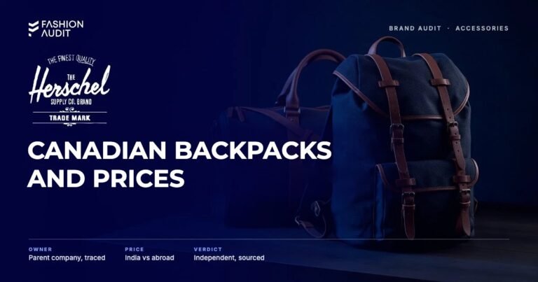 Herschel Supply Co. brand audit by FashionAudit: Herschel Supply Co. logo and the headline “Canadian Backpacks and Prices” over a canvas daypack backpack and a matching duffel bag