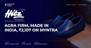 Hitz brand audit by FashionAudit: Hitz logo and the headline “Agra Firm, Made in India, ₹2,107 on Myntra” over a pair of men's casual leather loafers and moccasins on a wooden step