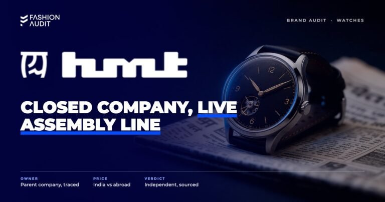 HMT Watches brand audit by FashionAudit: HMT Watches logo over a vintage-style mechanical hand-wound watch on an old Indian newspaper