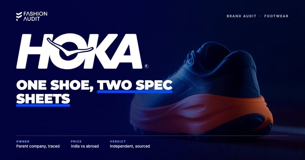 HOKA brand audit by FashionAudit: HOKA logo over a thick-soled maximal-cushion running shoe