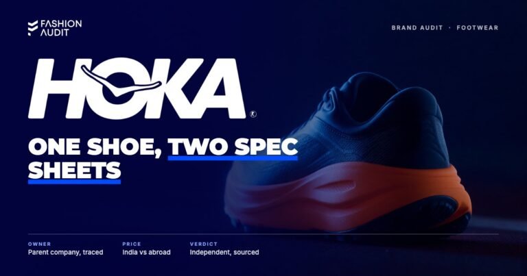 HOKA brand audit by FashionAudit: HOKA logo over a thick-soled maximal-cushion running shoe