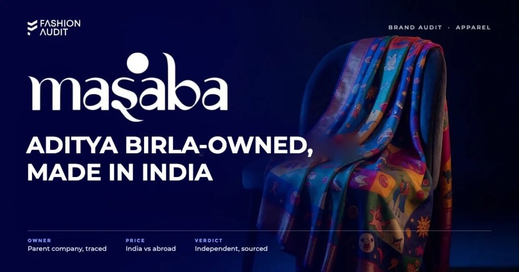 House of Masaba brand audit by FashionAudit: House of Masaba logo and the headline “Aditya Birla-Owned, Made in India” over a vibrant printed saree with quirky motifs draped over a velvet chair