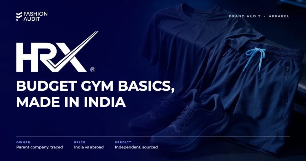 HRX brand audit by FashionAudit: HRX logo and the headline “Budget Gym Basics, Made in India” over athletic training shorts