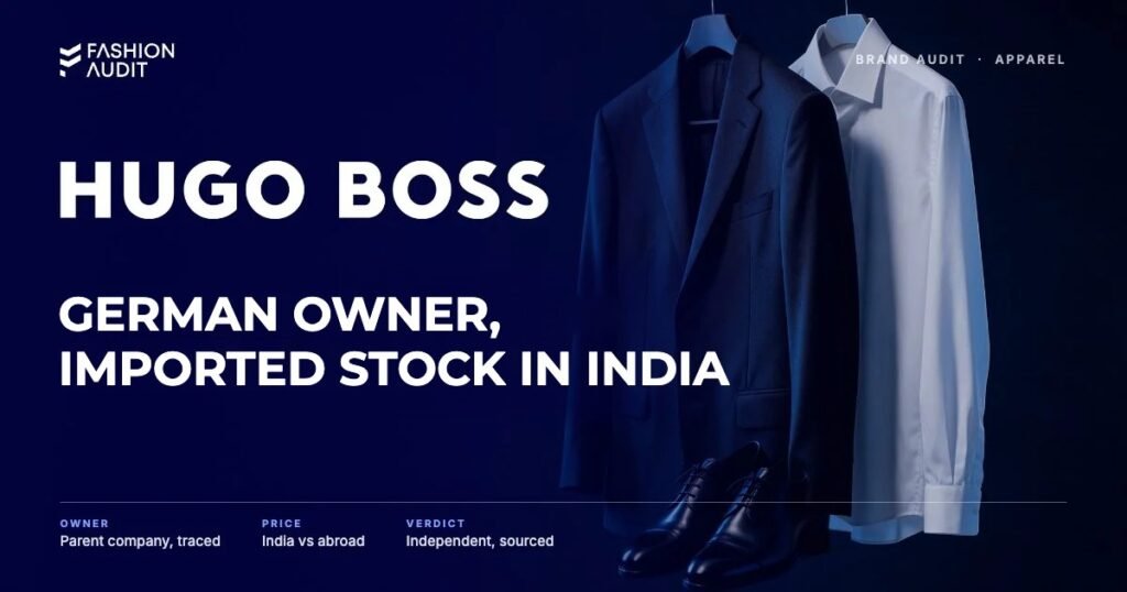 Hugo Boss brand audit by FashionAudit: Hugo Boss logo and the headline “German Owner, Imported Stock in India” over a sharply tailored charcoal suit jacket on a hanger