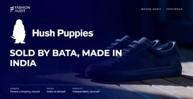 Hush Puppies brand audit by FashionAudit: Hush Puppies logo and the headline “Sold by Bata, Made in India” over a pair of soft suede casual shoes on a sunlit wooden porch