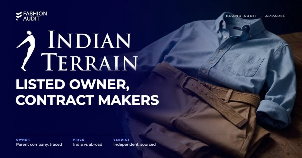 Indian Terrain brand audit by FashionAudit: Indian Terrain logo and the headline “Listed Owner, Contract Makers” over a chambray shirt