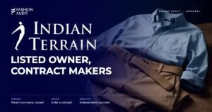 Indian Terrain brand audit by FashionAudit: Indian Terrain logo and the headline “Listed Owner, Contract Makers” over a chambray shirt