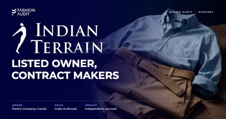 Indian Terrain brand audit by FashionAudit: Indian Terrain logo and the headline “Listed Owner, Contract Makers” over a chambray shirt