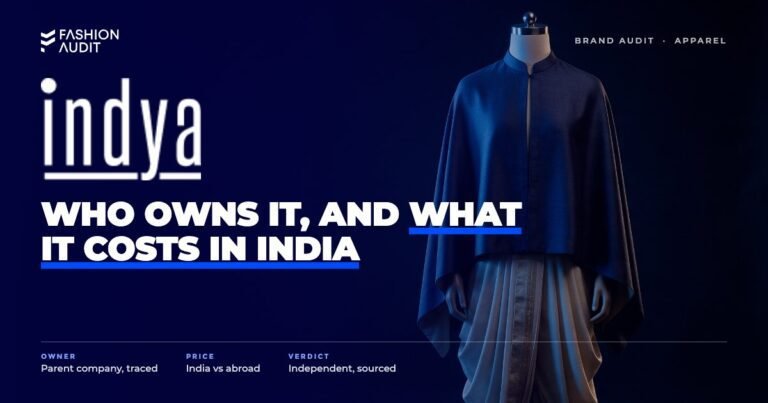 Indya brand audit by FashionAudit: Indya logo over an Indo-western cape top and dhoti pants on a modern mannequin