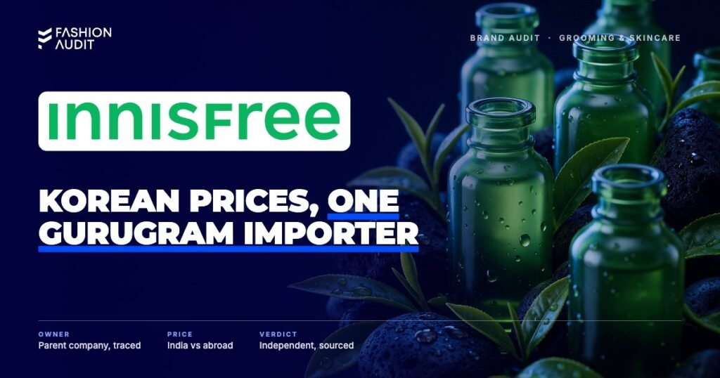 Innisfree brand audit by FashionAudit: Innisfree logo over green glass serum bottles