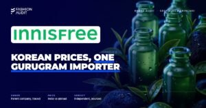 Innisfree brand audit by FashionAudit: Innisfree logo over green glass serum bottles