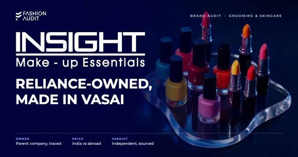Insight Cosmetics brand audit by FashionAudit: Insight Cosmetics logo and the headline “Reliance-Owned, Made in Vasai” over affordable nail paints and lipsticks in bright colours on acrylic
