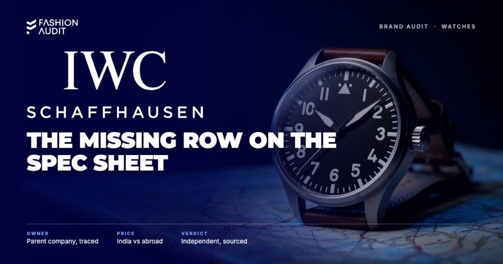IWC brand audit by FashionAudit: IWC logo over a pilot's watch on an aviation map