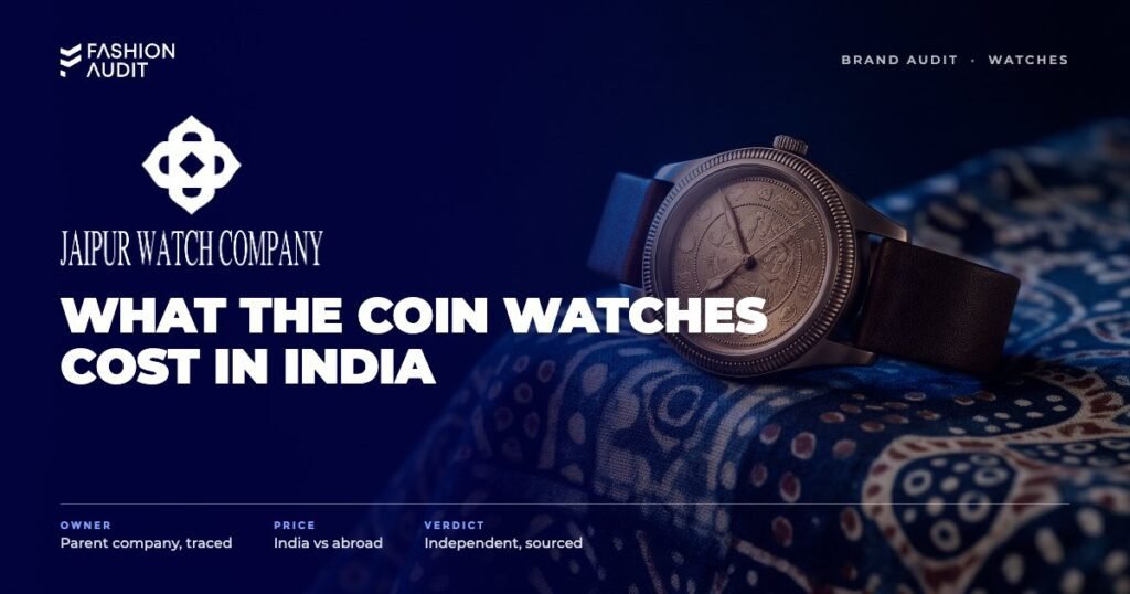 Jaipur Watch Company brand audit by FashionAudit: Jaipur Watch Company logo over a vintage-inspired watch with a coin-detail dial on a block-printed fabric