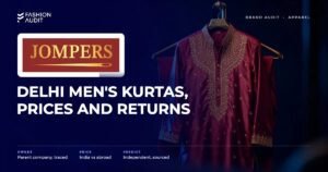 Jompers brand audit by FashionAudit: Jompers logo and the headline “Delhi Men's Kurtas, Prices and Returns” over a festive embroidered kurta set in maroon and gold on a brass-trimmed hanger