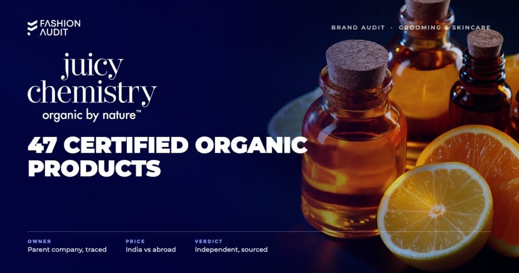 Juicy Chemistry brand audit by FashionAudit: Juicy Chemistry logo over organic skincare oils in amber bottles with citrus slices