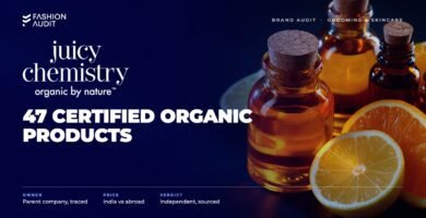 Juicy Chemistry brand audit by FashionAudit: Juicy Chemistry logo over organic skincare oils in amber bottles with citrus slices